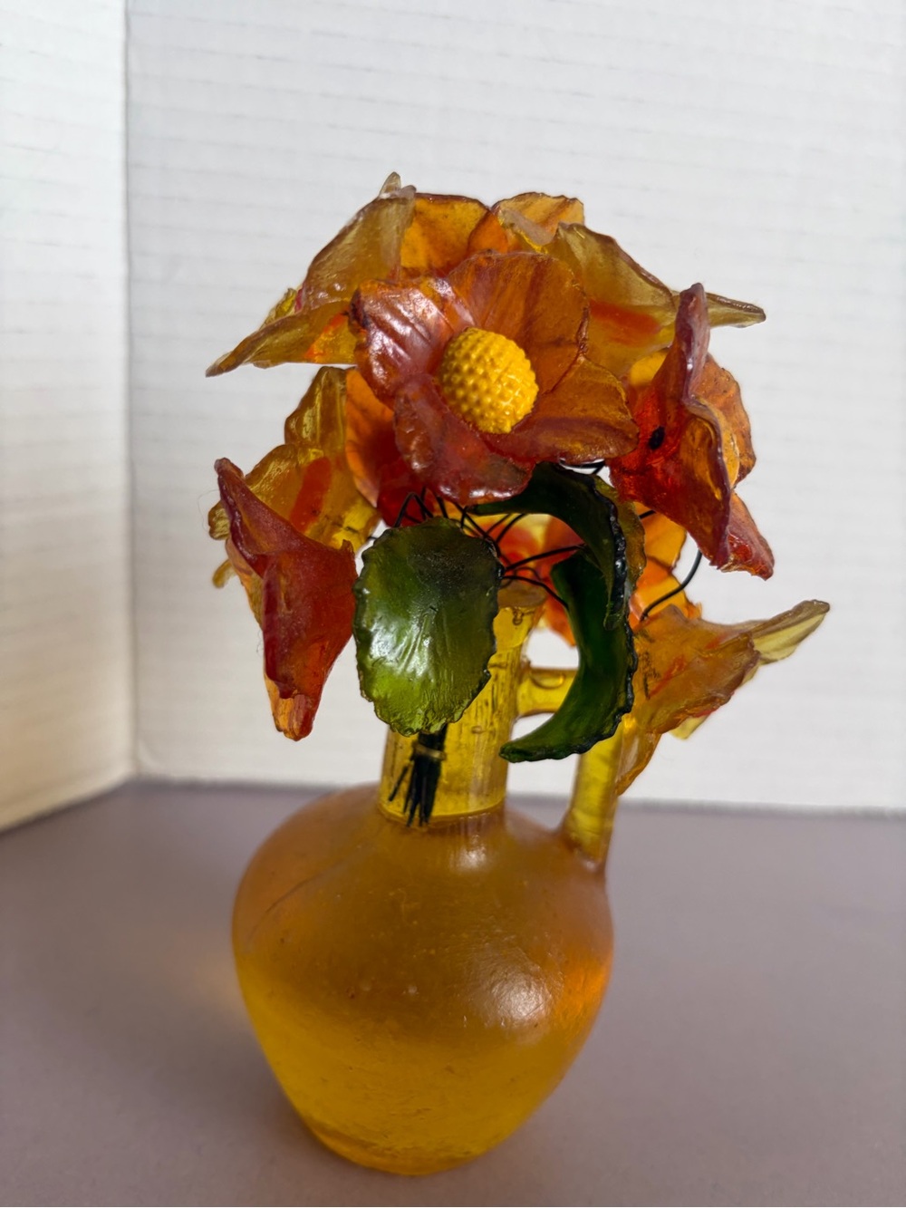 Vintage Lucite Flower Sculpture • Amber Jug Vase - Picture 2 of 8